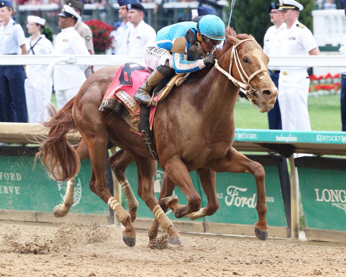 Mage, out of Puca, winning the Kentucky Derby